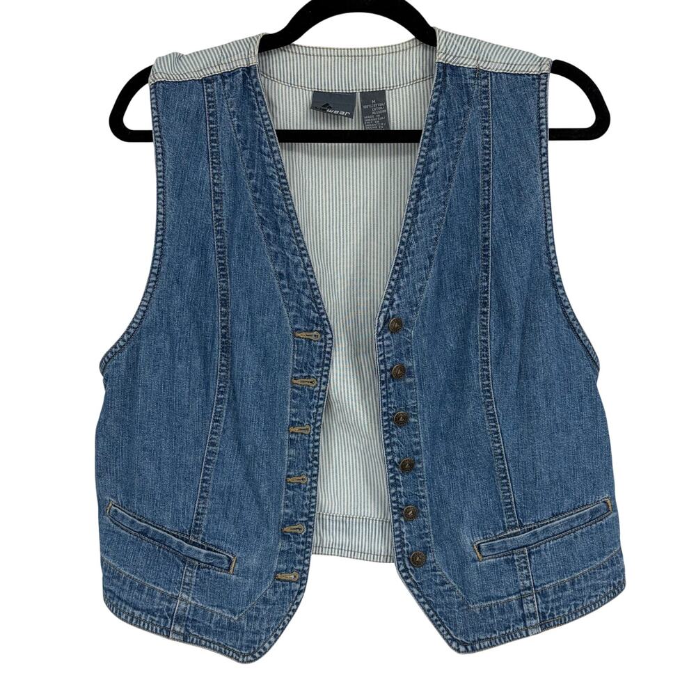 Liz Wear Women's Vintage 90's Denim Blue White Striped Cotton Vest Size Medium